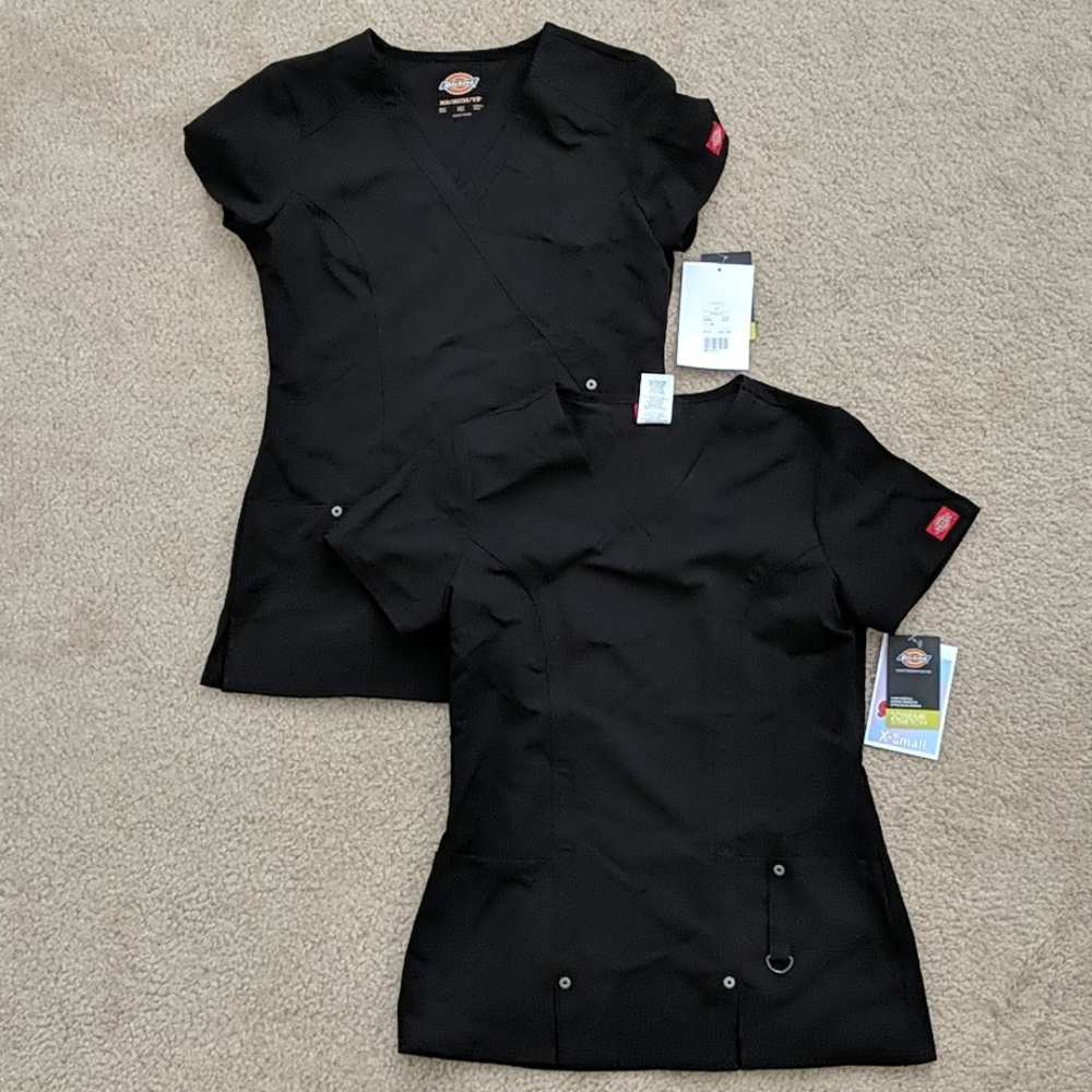 TWO Dickies "Xtreme Stretch" Scrub Tops - Black